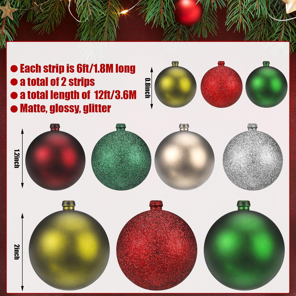 2 Pcs 6 ft Christmas Ball Ornament Garland, Retro | Bauble Bulb Christmas Tree Ball Decoration Shatterproof Ornaments