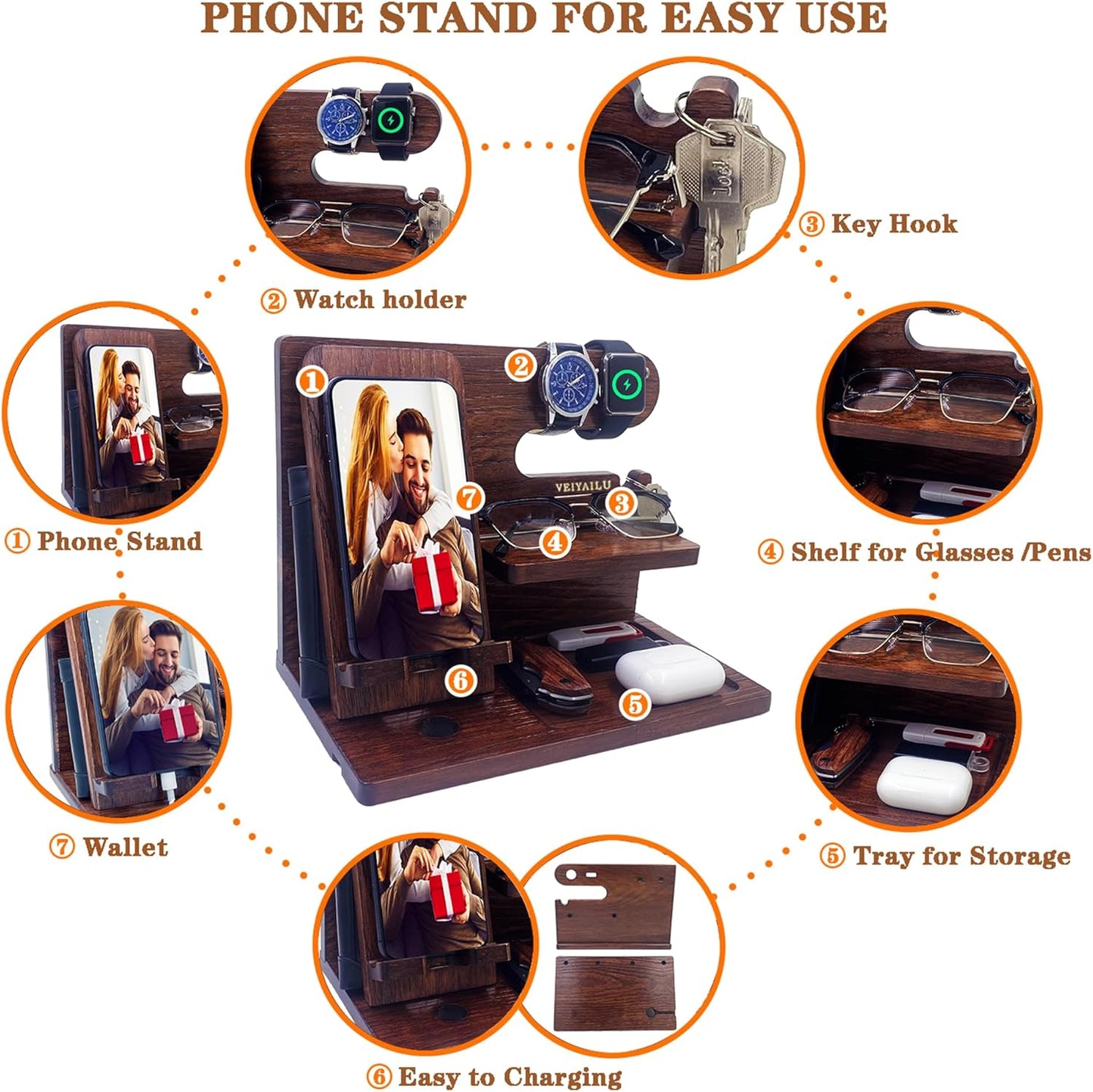Gifts for Men Women Brother Boss Boyfriend Him Nightstand Organizer Gifts for Dad from / Dark Brown