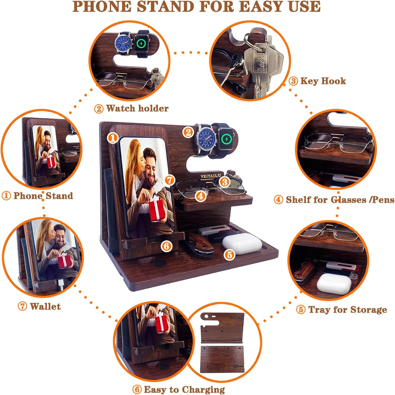 Gifts for Men Women Brother Boss Boyfriend Him Nightstand Organizer Gifts for Dad from / Dark Brown