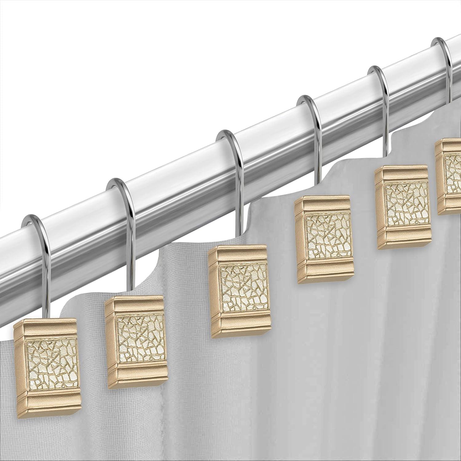 Zahari Home 13pc Sinatra Bathroom Shower Curtain Set - Gold Curtain & 12 Champagne Hooks - Luxury Fabric Bling Unique