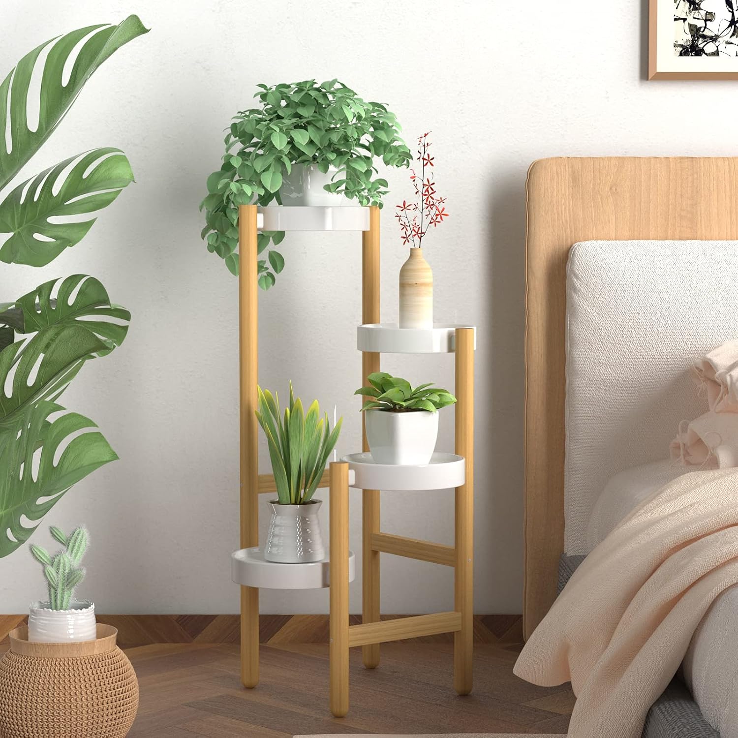 Wisuce Bamboo Plant Stand Indoor, 4 Tier Tall Corner Plant Shelf Table | Easy-Clean Steel Top | Smooth Bamboo | Narrow
