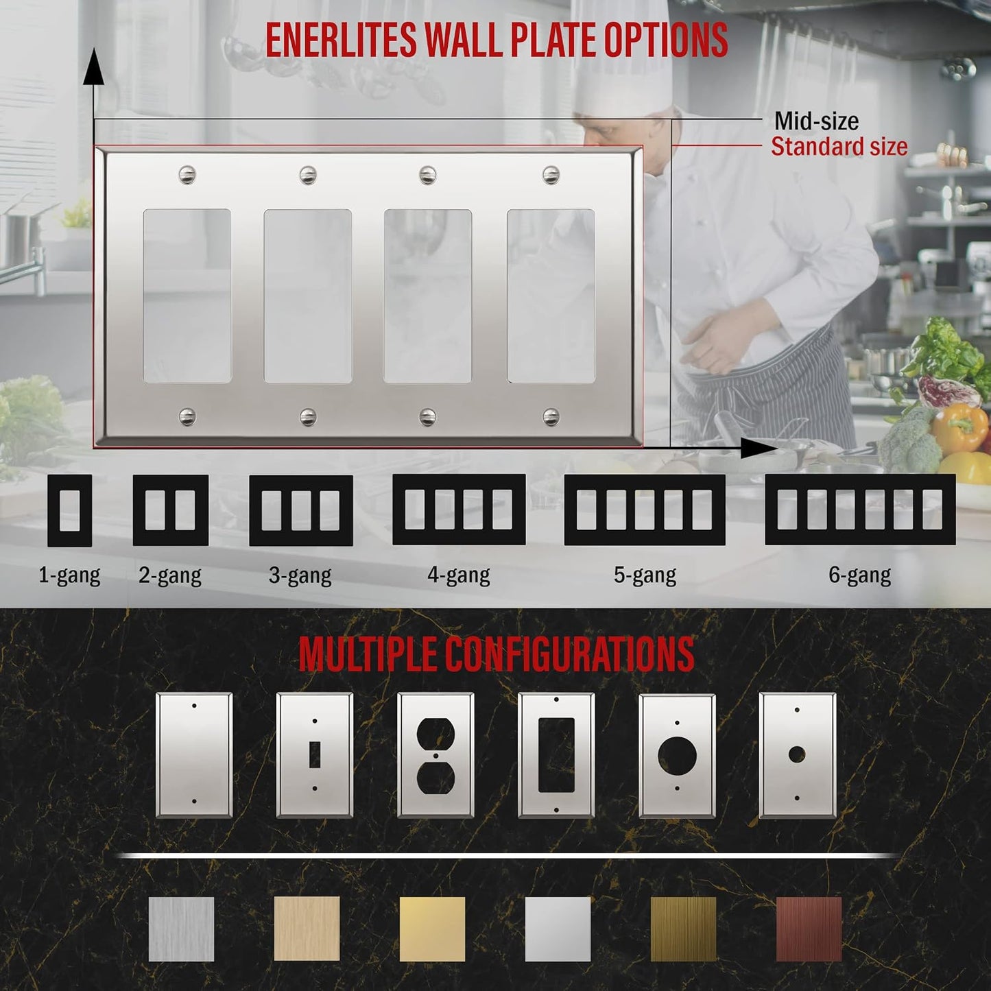 ENERLITES Decorator Switch Metal Wall Plate, 4-Gang Polished Chrome, Silver | Fits quad decorator switches; Rust-proof