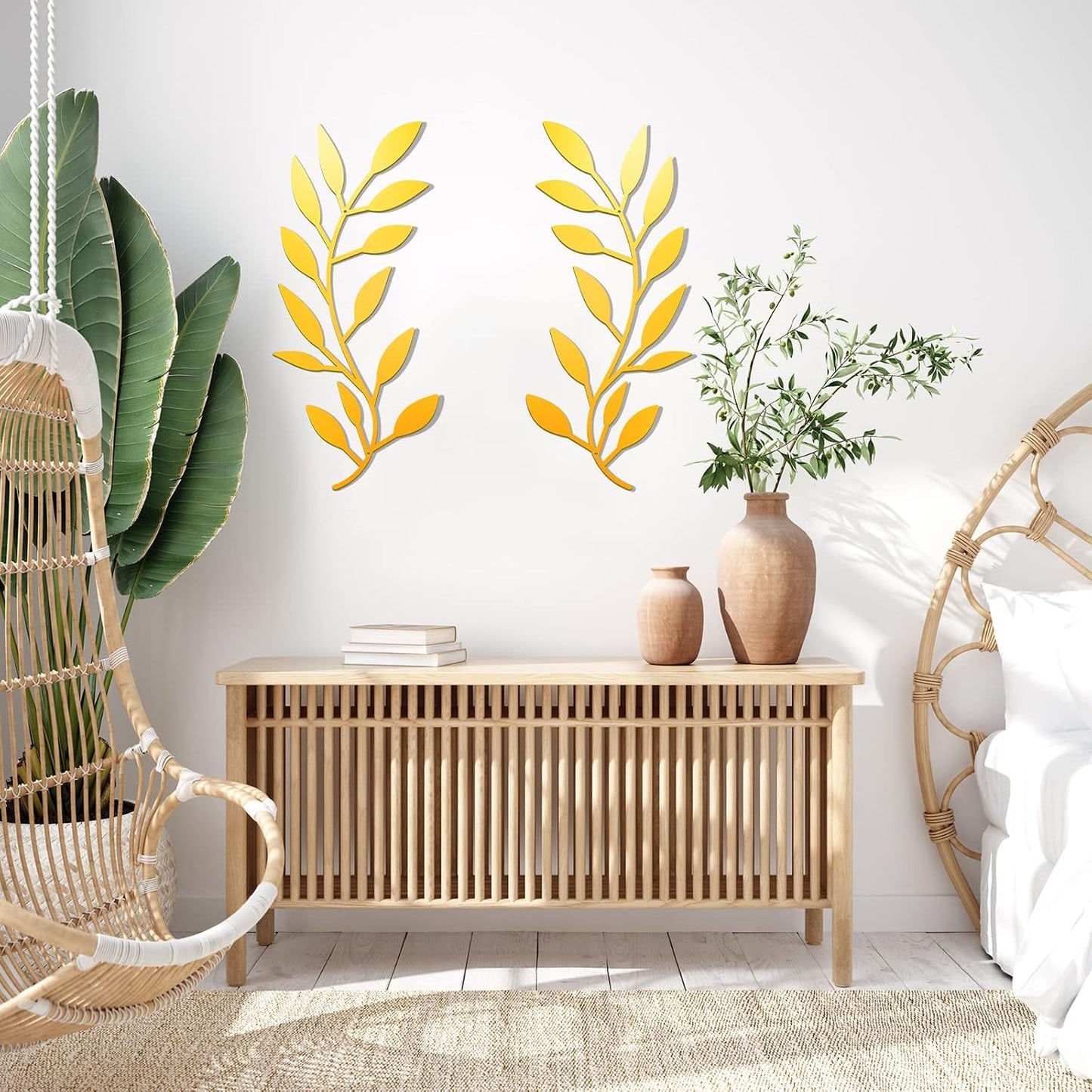 Metal Tree Leaf Wall Decor Vine Olive Branch Leaf Wall Art Living Room / Gold / Set of 2