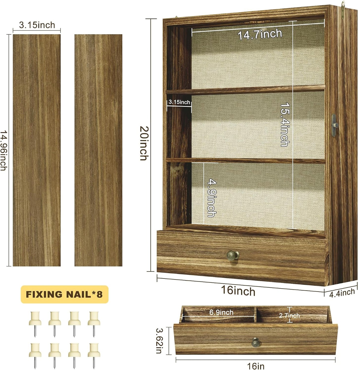 16x20 Brown Solid Wood Shadow Box Display Case, 3.1" Deep | Linen Back, Removable Shelves & Drawers, Display Flowers