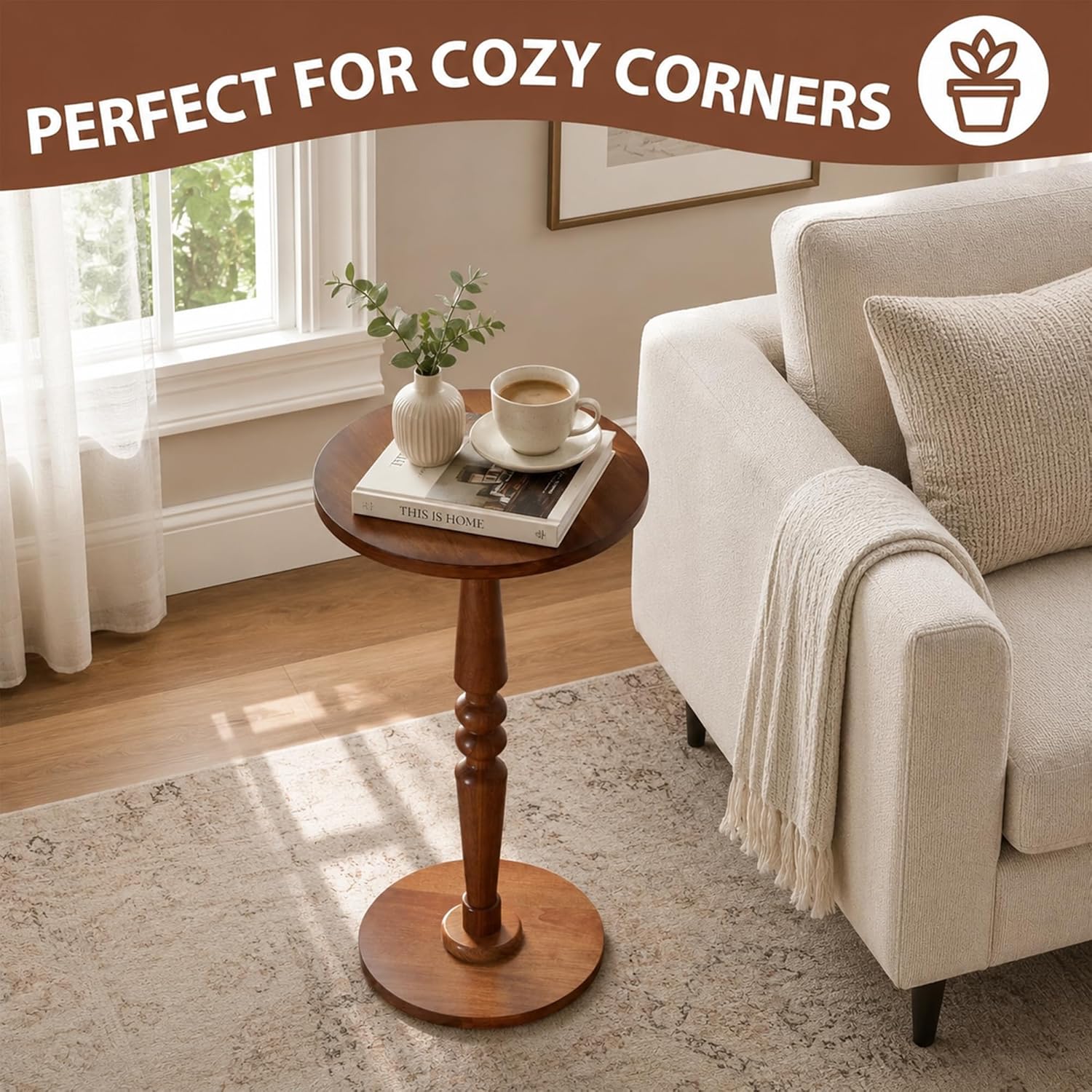 Small Wooden Round Side Table / Warm Brown