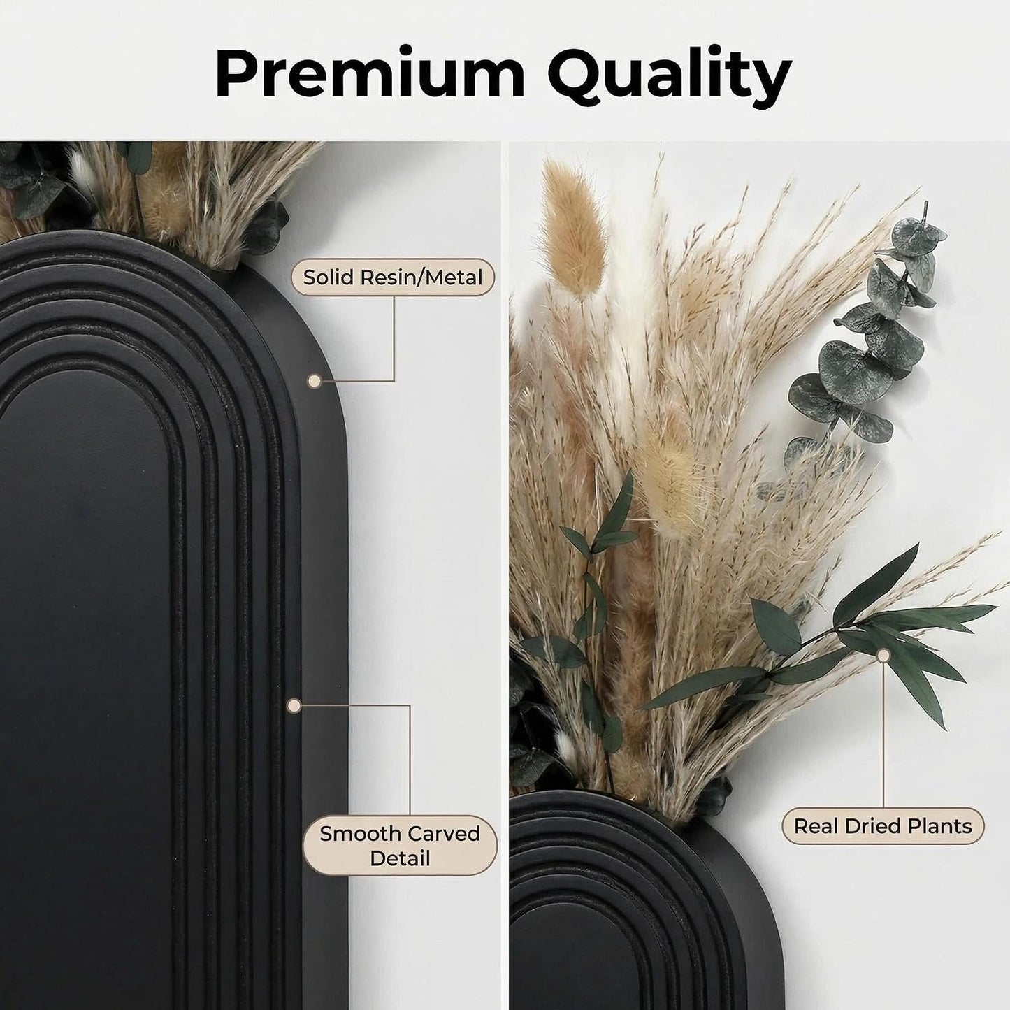 Wooden Wall Vases / Black+dried Flowers / 2 PC / Set of 2