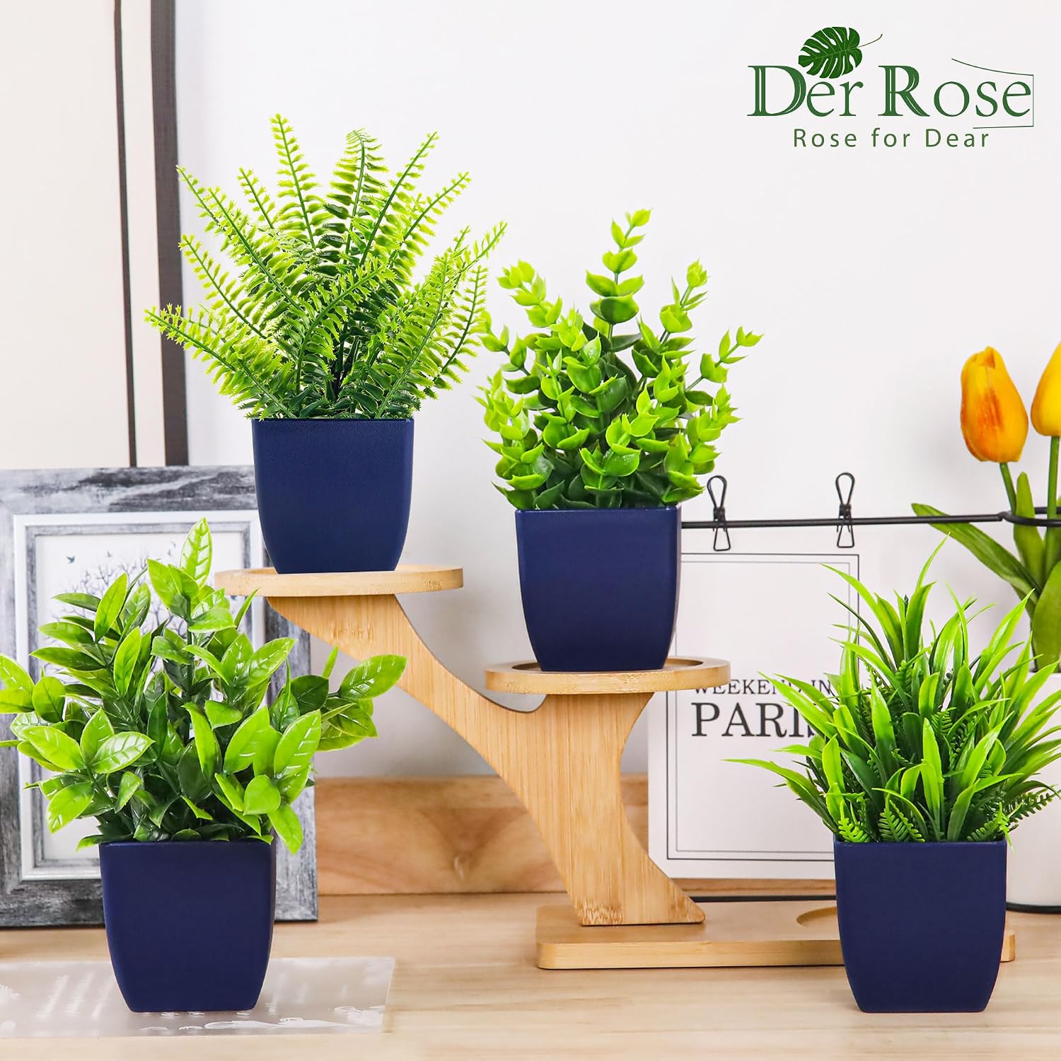 Fake Plants Small Artificial Plants in Blue Pots Faux Plants Indoor / 4-blue / Set of 4