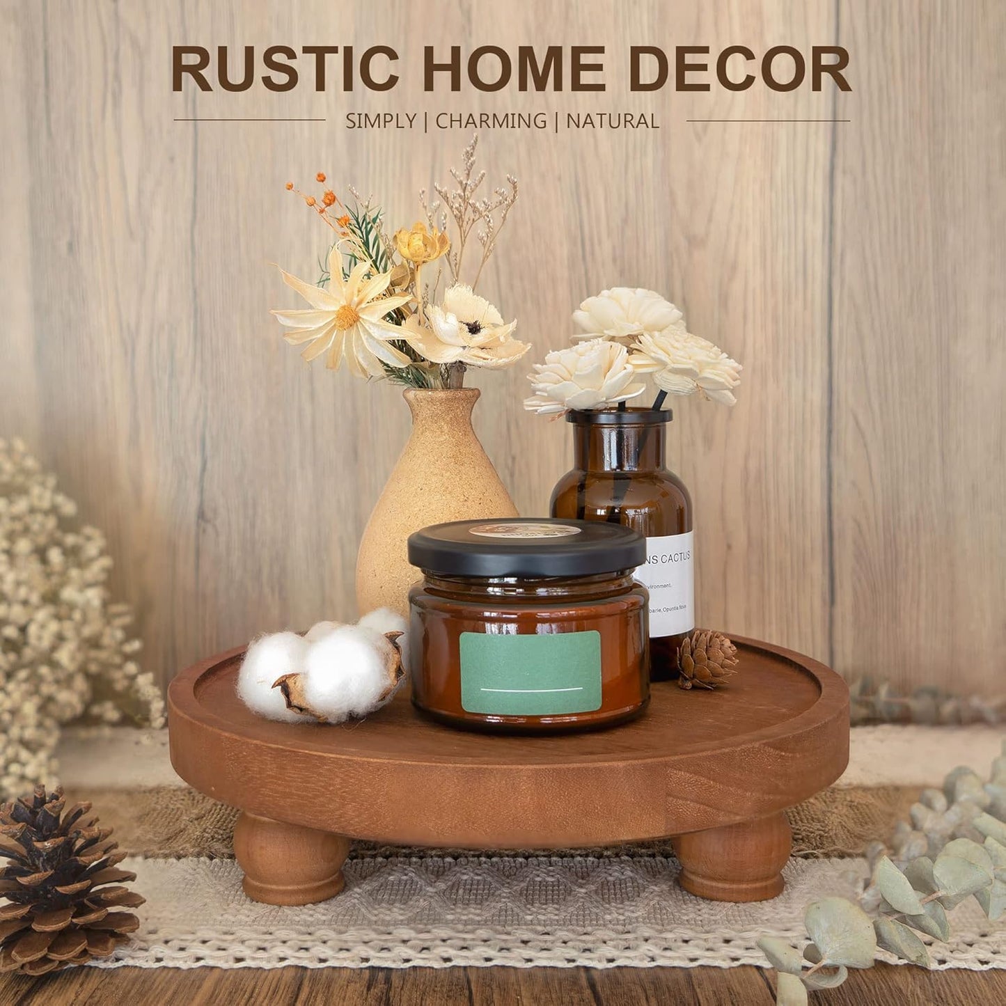 EOSAHR Wood Display Riser: Pedestal Stand for Rustic Kitchen Decor, Brown | 10" Round Display Stand, Soap & Candle
