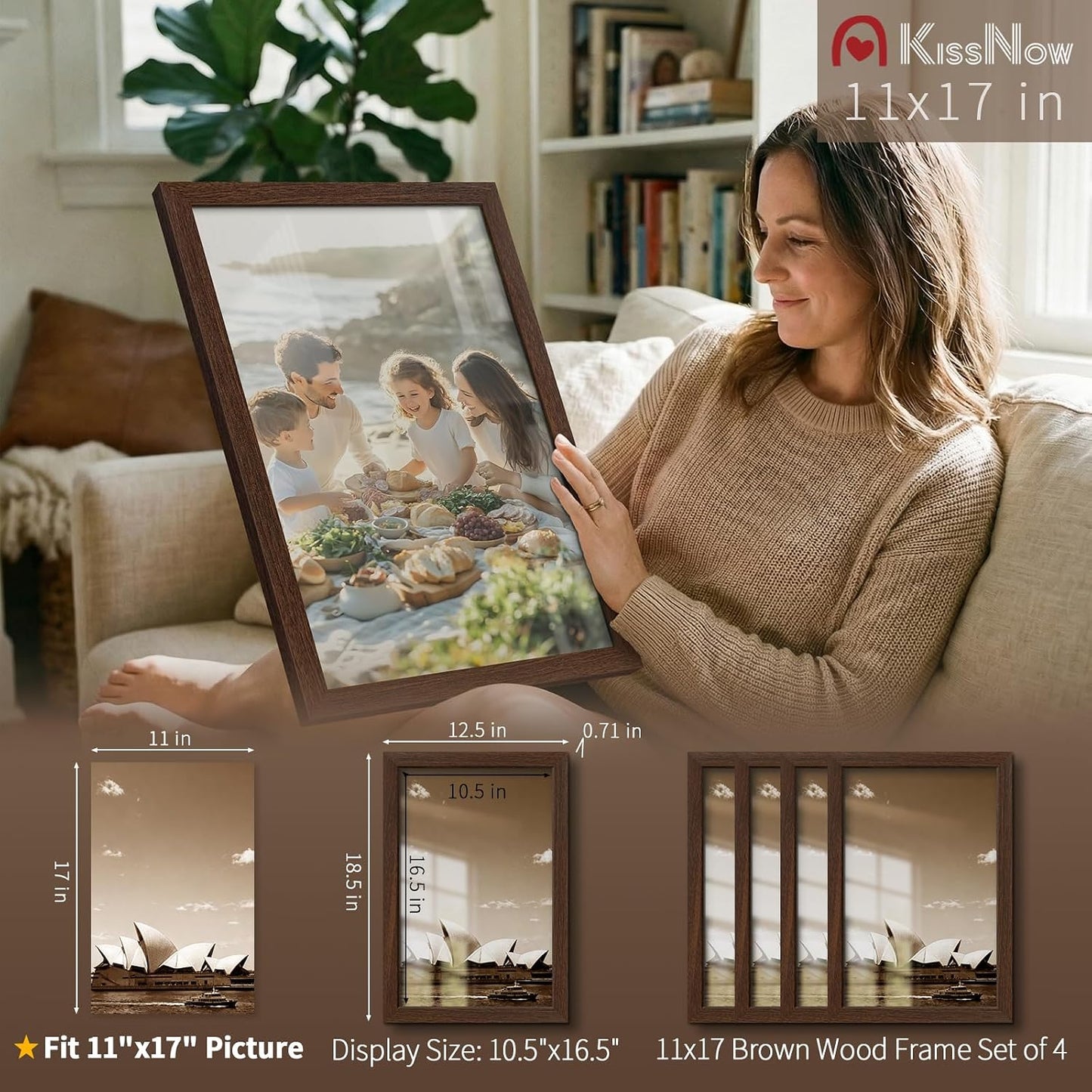 11x17 Picture Frame 4 Pack, Brown Solid Wood, Gallery Wall Hanging | Thick & Wide Border, HD Tempered Glass, Vertical