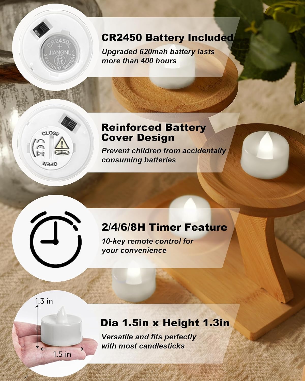 BEICHI 24Pcs Flameless LED Tea Lights with Remote & Timer,White Base,400Hrs | Flickering TeaLights Candles Battery