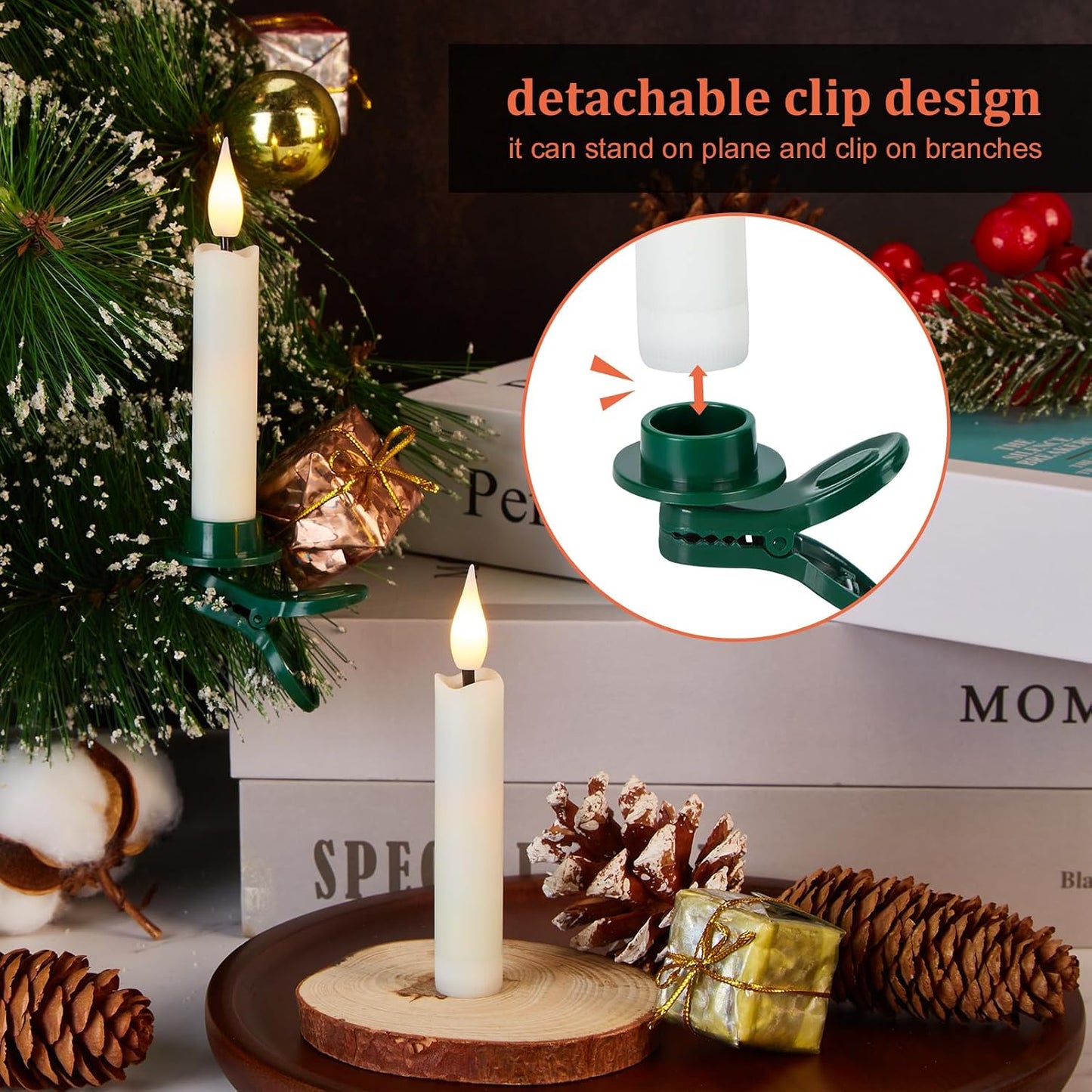 IMAGE 12Pcs LED Taper Candles Light Set Flameless 3D Wick Ivory Candles with Clip-on Christmas Tree Design, 10-Key