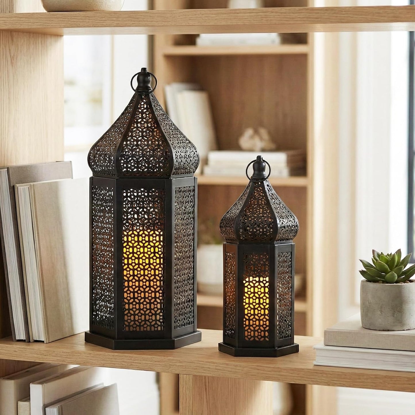 Vela Lanterns Decorative Indoor Black Moroccan Temple Lanterns, Set of 2 | Black Ramadan Decorations for Home, Eid