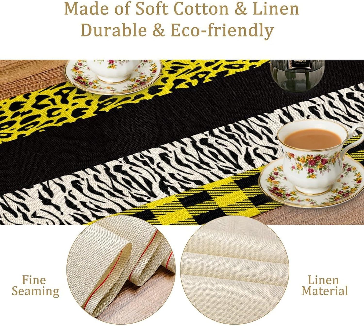 Leopard Print Table Runner Yellow Black Zebra Stripe Cheetah Print African Wildlife Pattern Geometric Splice Pattern