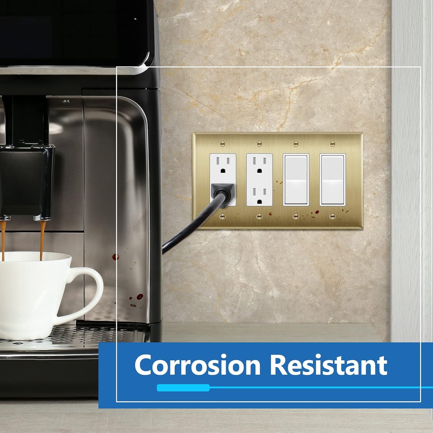 LIDER Decorator Switch or Receptacle Metal Wall Plate, Mid-Size 4-Gang | Stainless Steel, Corrosion Resistant, Brushed