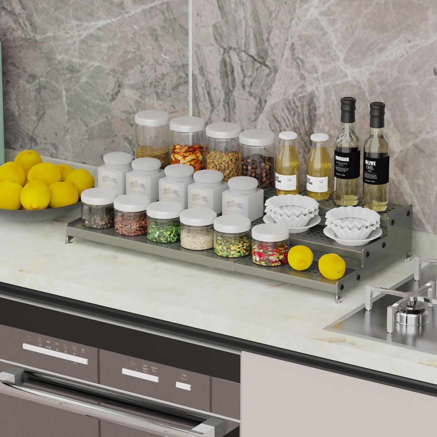 Expandable Spice Rack organizer with 3-Tier step shelf,Modern Design heavy duty,Non Skid and Visibility,Great for