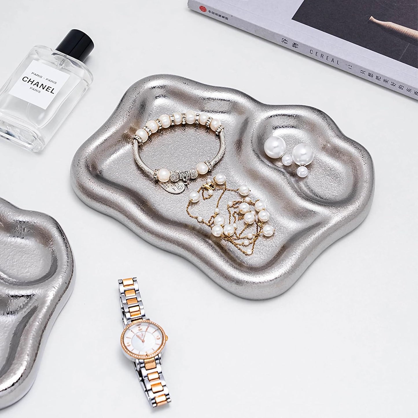 Ceramic Jewelry Tray Dish Large-sized Display Organizer Trinket Watch Keys / Silver
