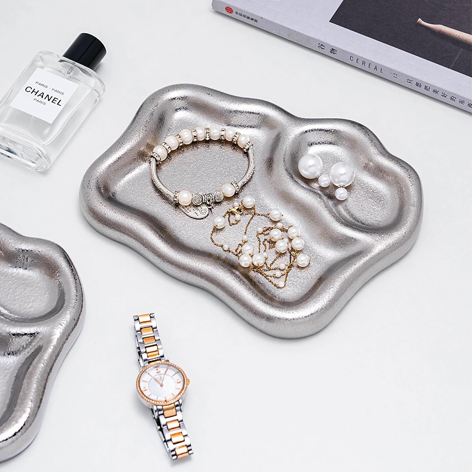 Ceramic Jewelry Tray Dish Large-sized Display Organizer Trinket Watch Keys / Silver