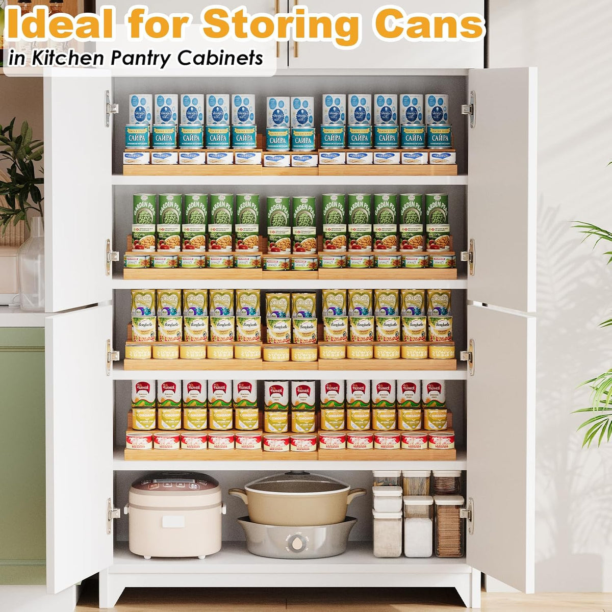 3-Tier Extra-Long Expandable Bamboo Can Rack for Pantry, Holds 45 Cans | Adjustable Pantry Can Organizer, Large