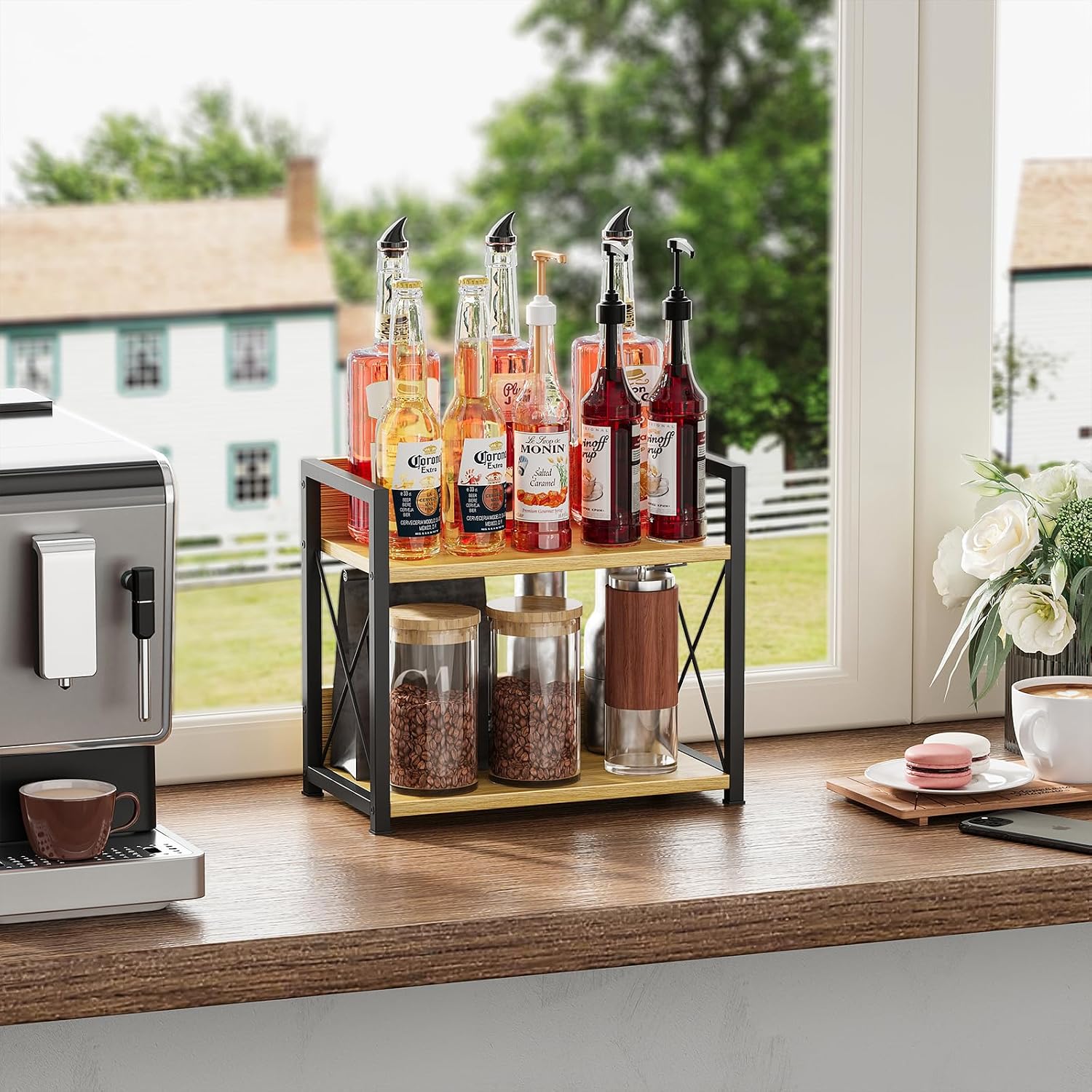 Giikin Countertop Shelf Organizer, 2 Tier Kitchen Spice Rack Organizer for Countertop, Wood Coffee Counter Shelf