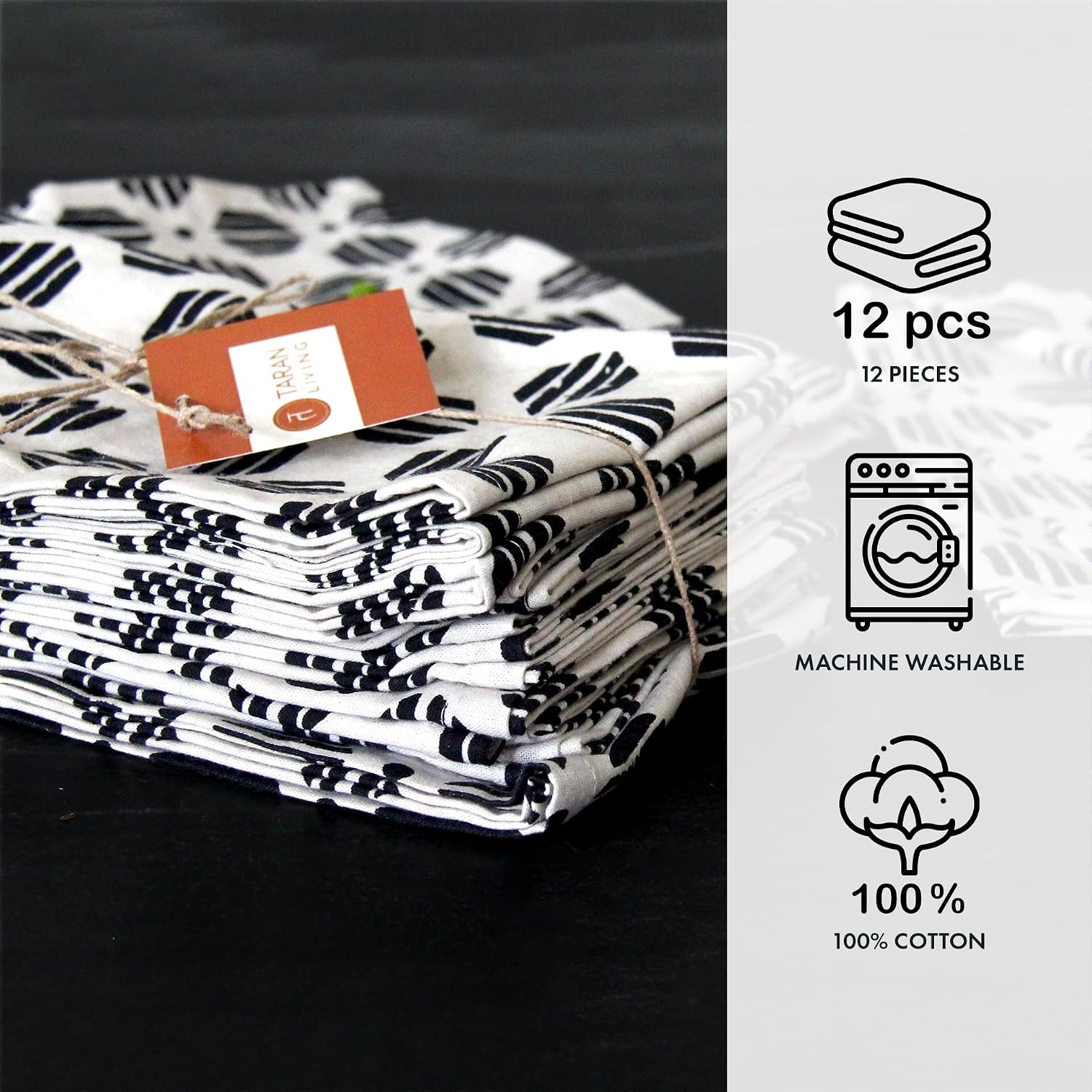 Taran Geometric Beige Print Cotton Dinner Napkins Set of 12 | 18x18 Inches | 100% Natural, Reusable Linens for Dinner