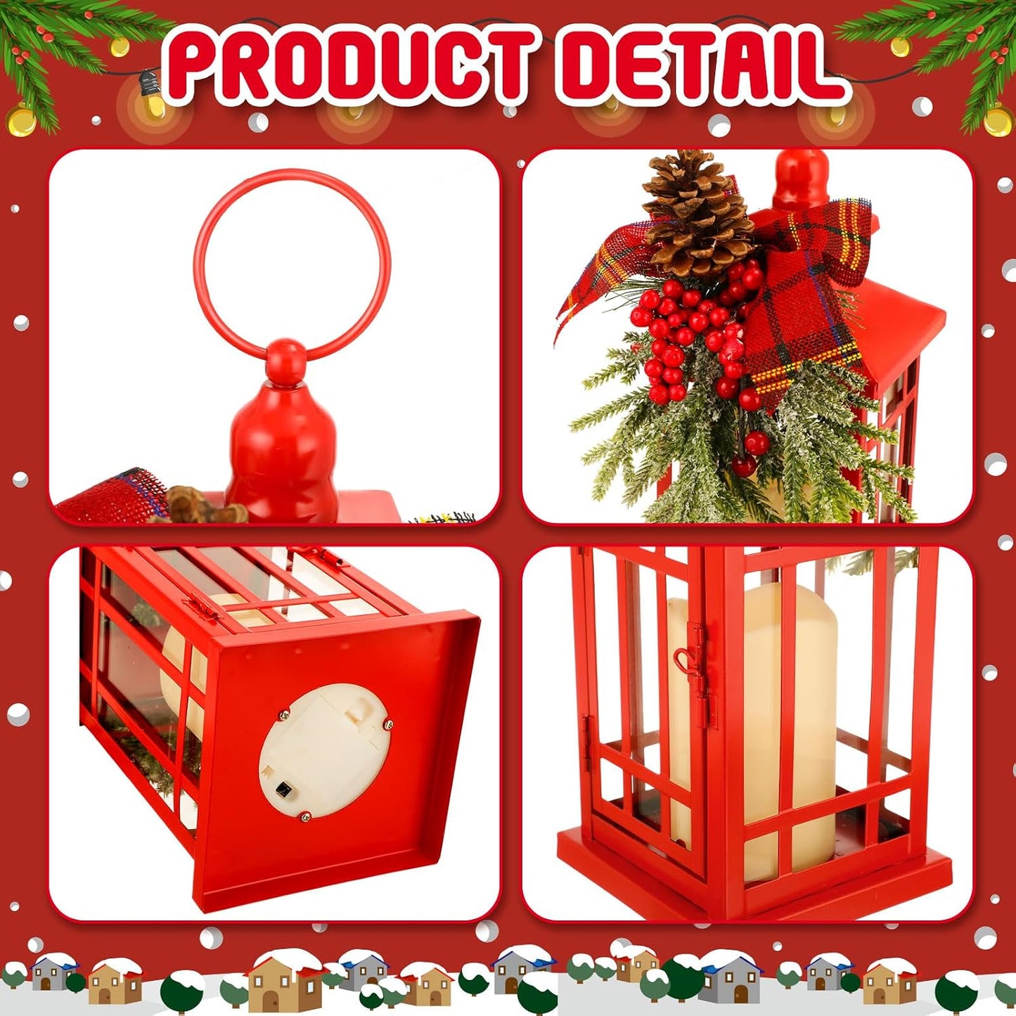 2 Pcs Christmas Metal Lantern with LED Flameless Hang Decor,Red,Berries