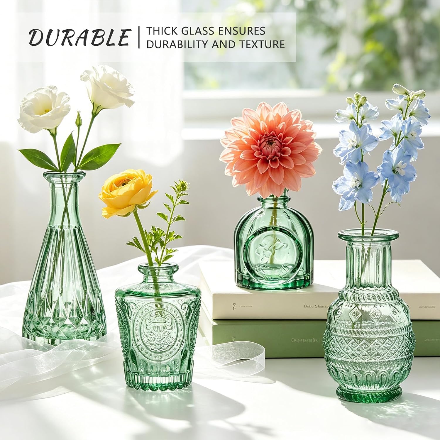 Glass Bud Vase Set / Green / Set of 6