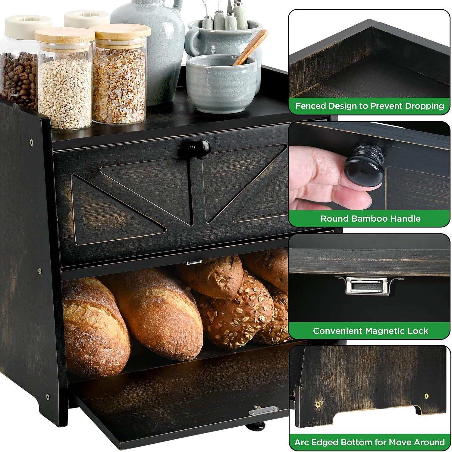 Bamboo Corner Bread Box for Kitchen Countertop 2-Tier Black | Farmhouse Bread Storage Container, Large Pantry