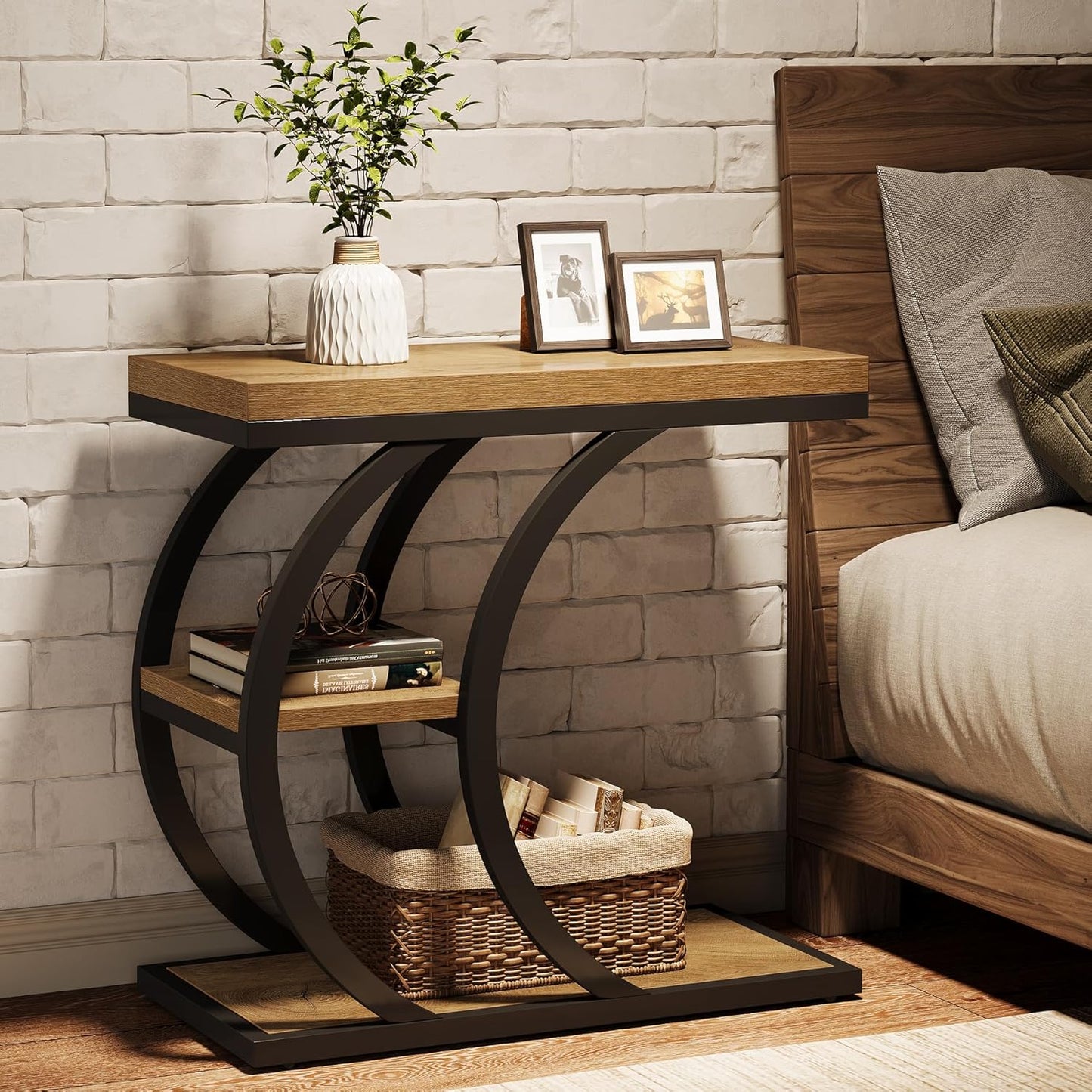 3-Tier Narrow Wood Couch C-Shaped Side Table