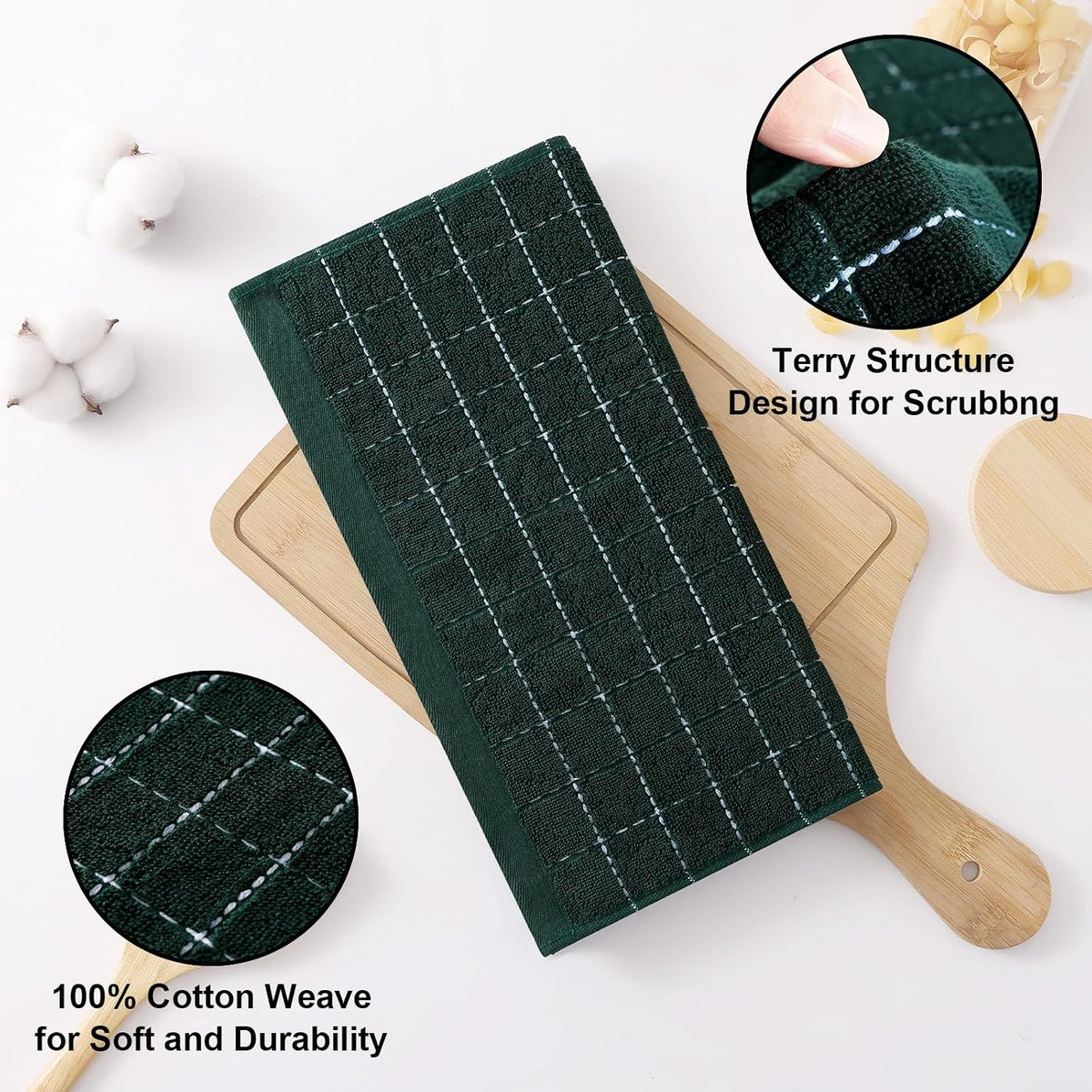 Homaxy 100% Cotton Terry Kitchen Dish Cloths, 12 Pack, Blackish Green | Ultra Soft and Absorbent Dish Towels for