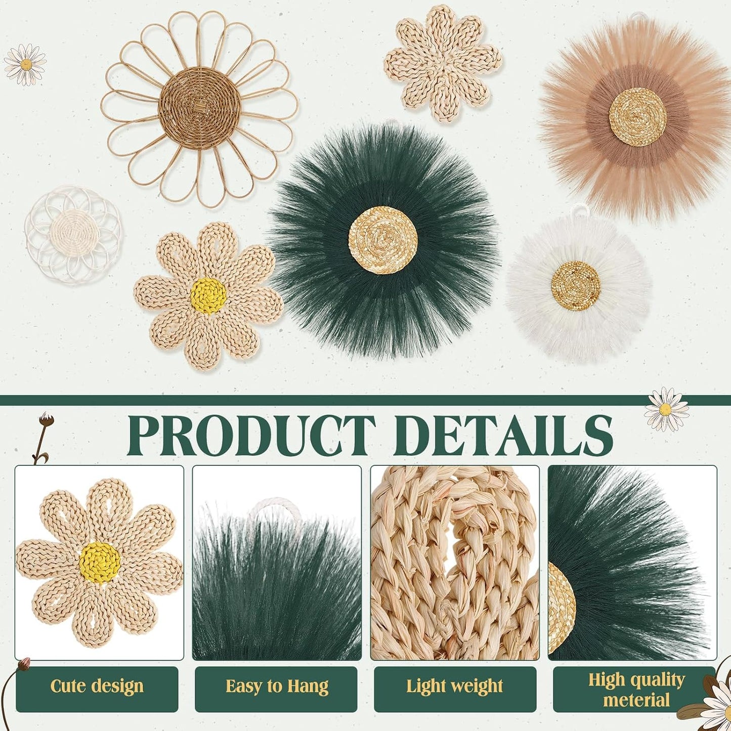 Boho Wall Basket Decor Rattan Flower Wall Decor Nursery Daisy Flower / Emerald Green / Set of 7