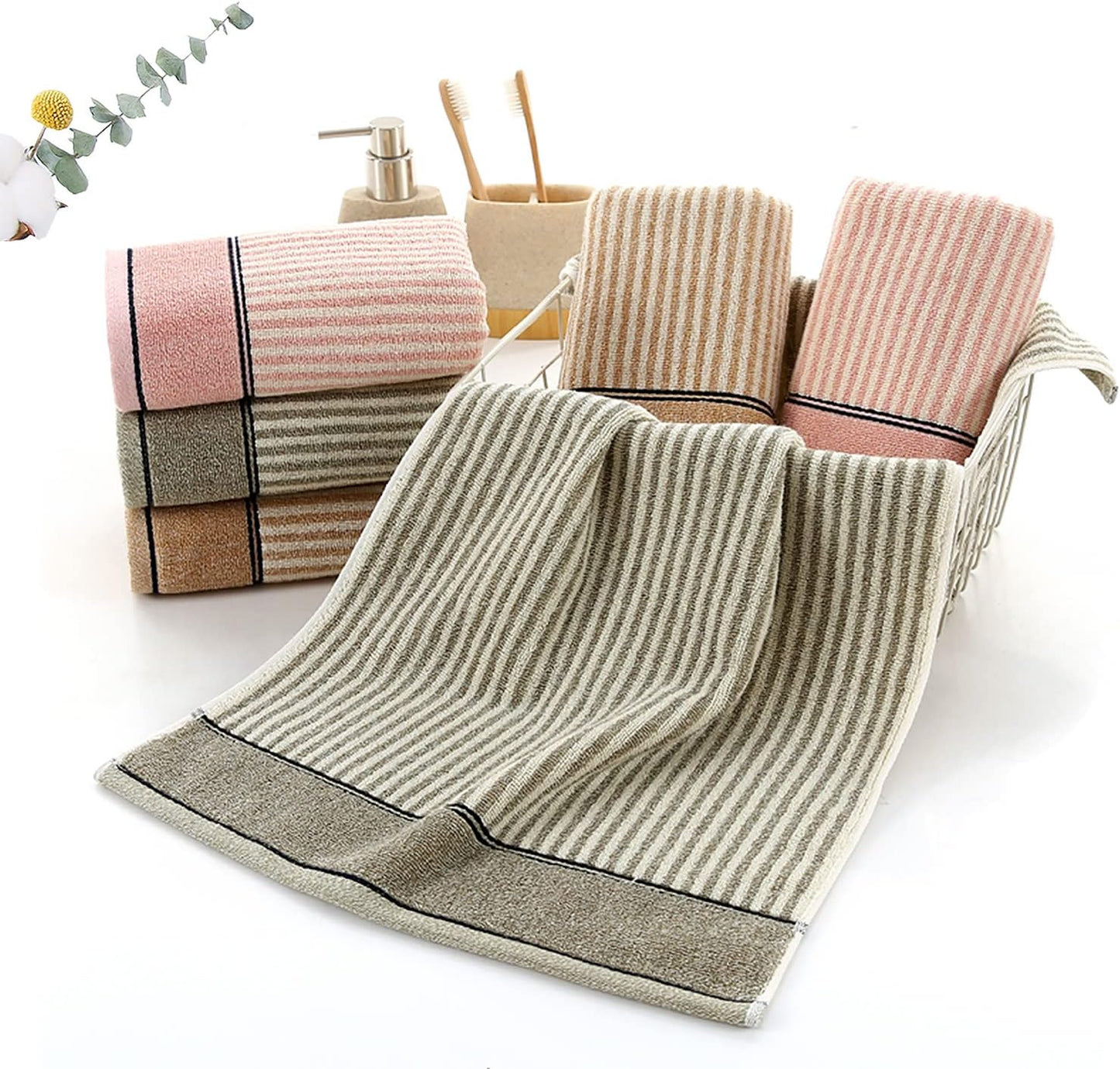 Hand Towels Set of 4 100% Cotton Striped Pattern Absorbent Soft Decorative Towel for Bathroom (Brown)