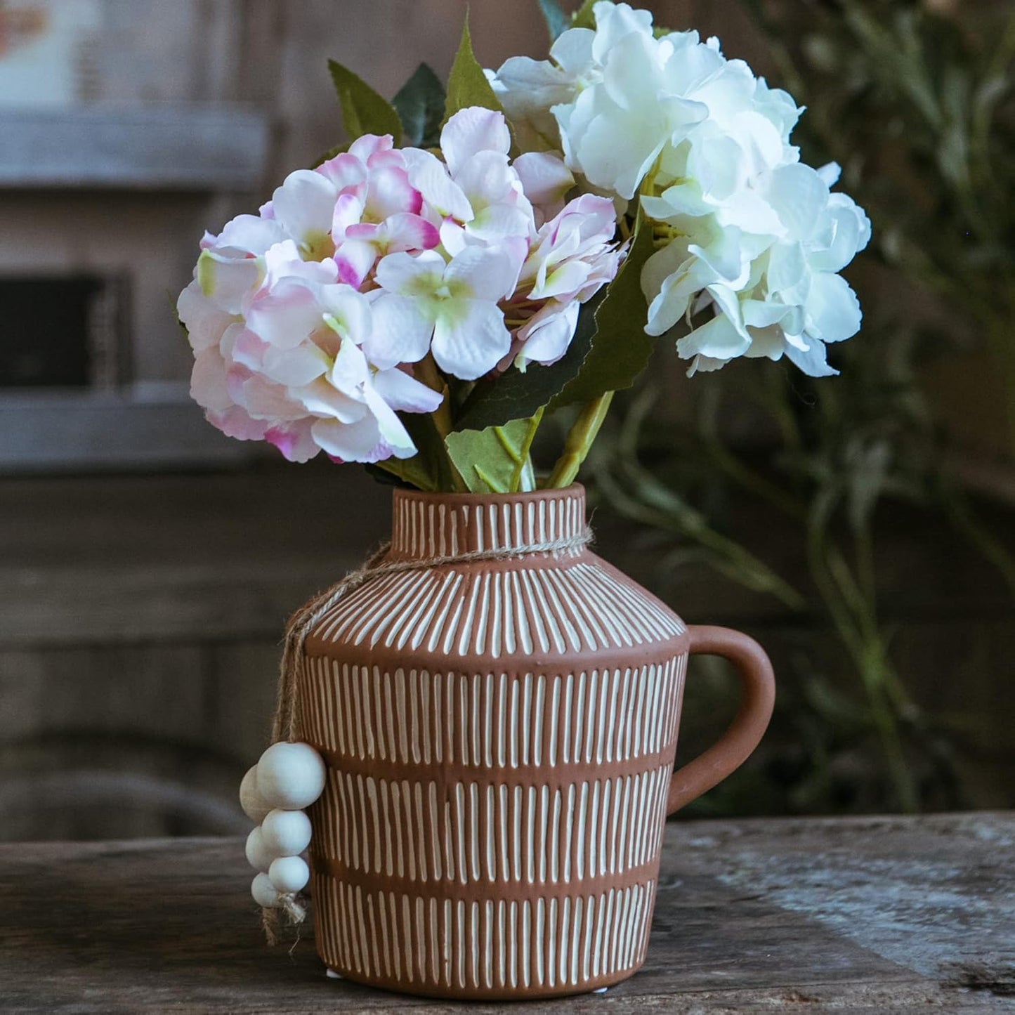 Rustic Farmhouse Vase / Yellow - Wooden Beads