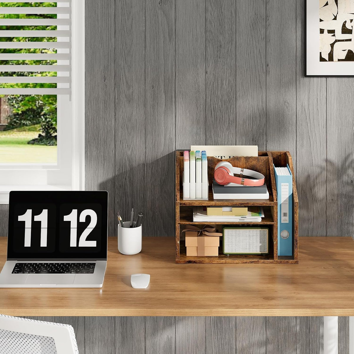 Wooden Desk Organizer with Adjustable Partitions, Multi-Layer Desktop File Holder for Home Office, Paper & Stationery