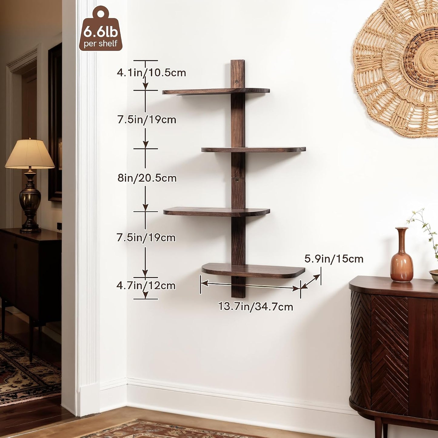 Mid Century Modern Decor Floating Shelves Display Shelf Wall Unit Solid Wood Decorative / Walnut
