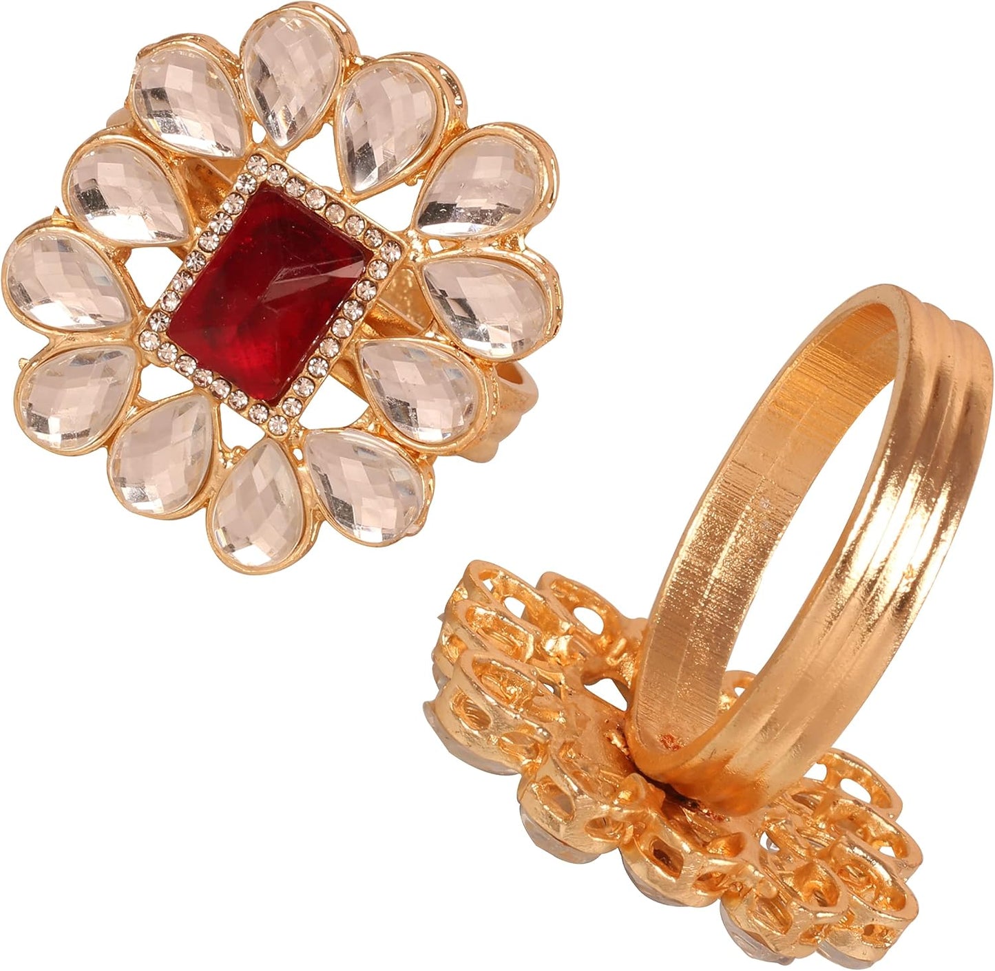 Floral Rhinestone Table Napkin Rings, Gold Tone, Set of 12 | Handmade large-size floral napkin holders with rhinestone