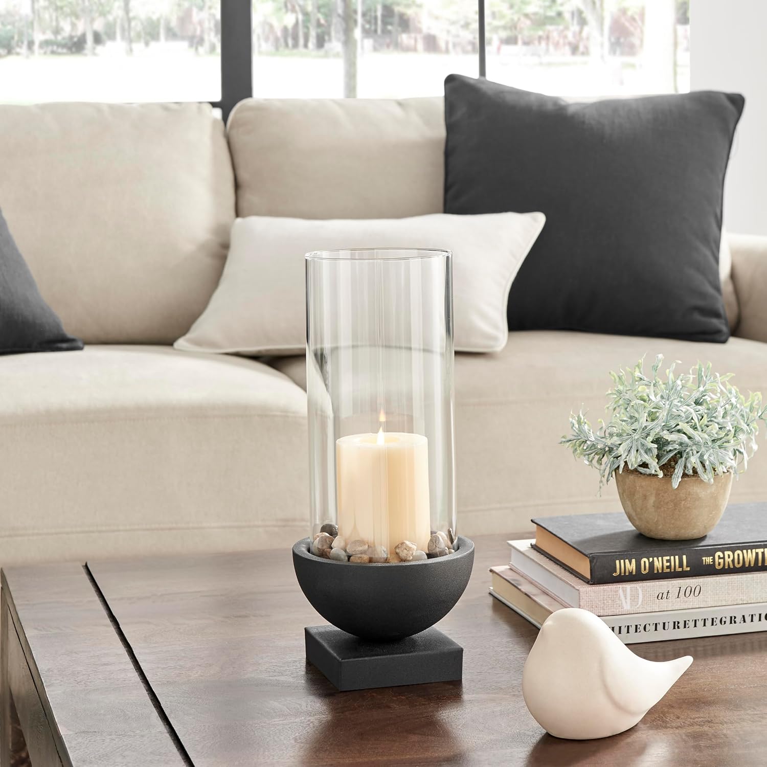 Danya B. Modern Black Metal Bold Pedestal and Glass Pillar Hurricane Candle Holder (Small)