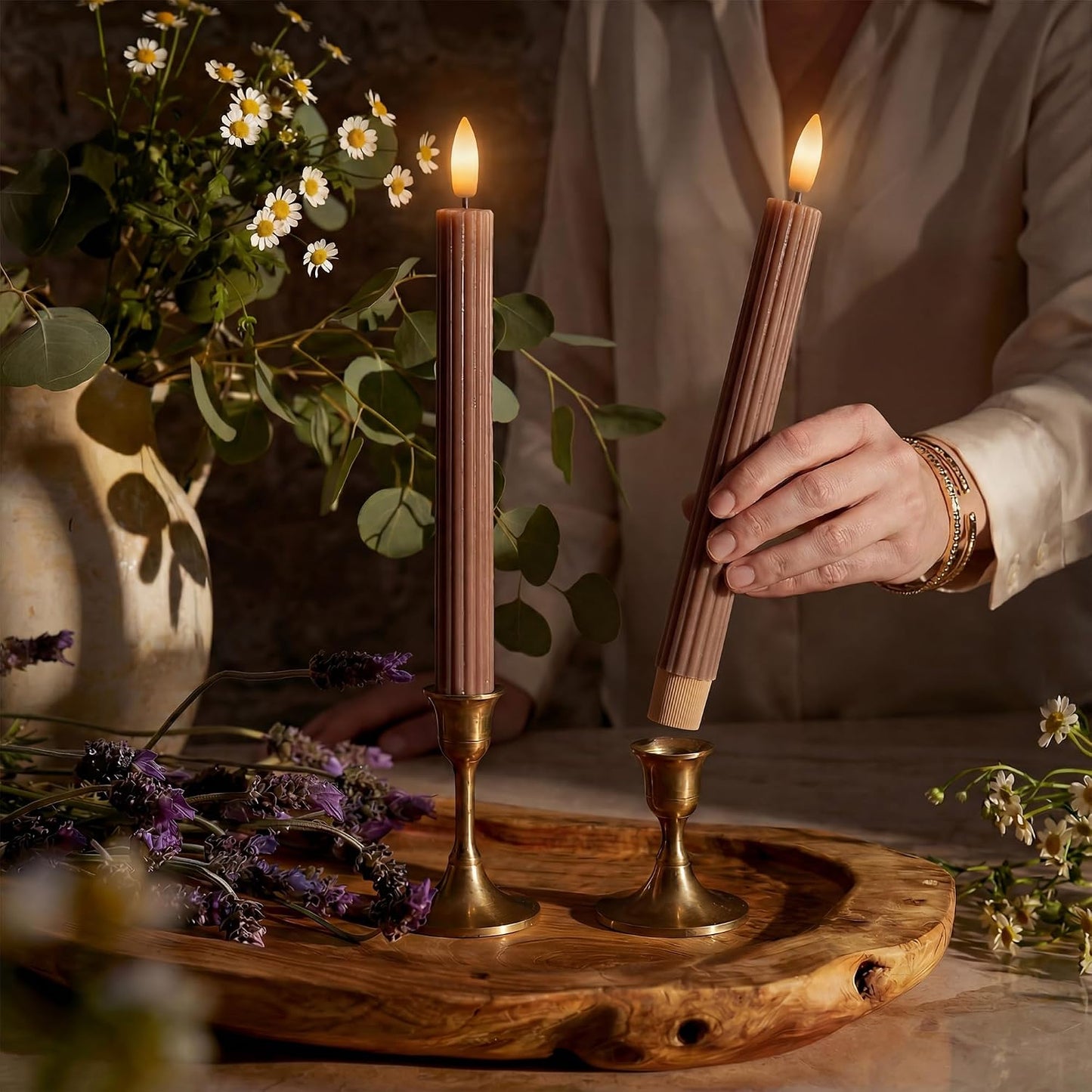 10" Fluted Ribbed LED Brown Tan Grooved Real Wax Taper Candles, Remote & 24h Timer Memory, On/Off Switch - Flameless