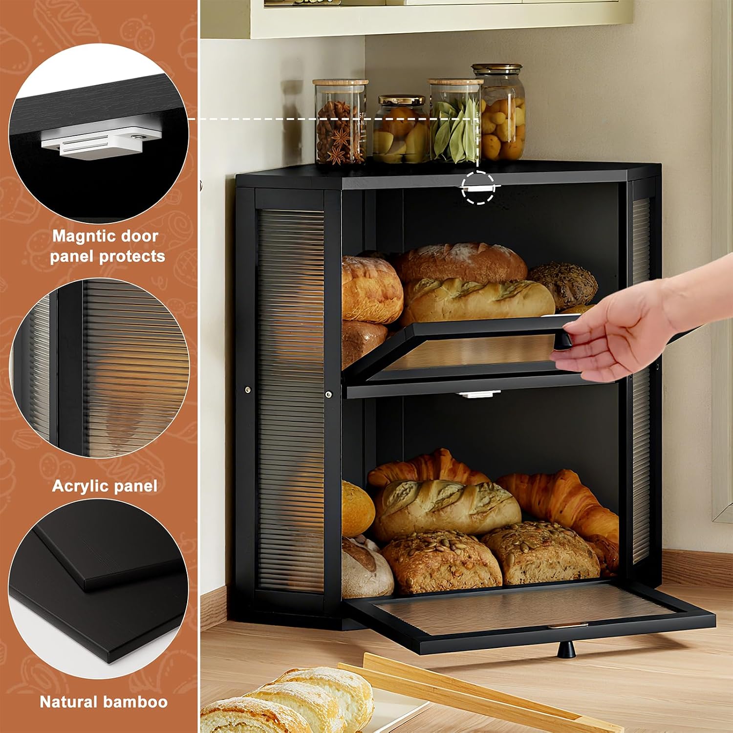 WOWLIVE Double Layer Corner Bread Box for Kitchen Countertop with 2 Doors | Bamboo Bread Storage Container, Large