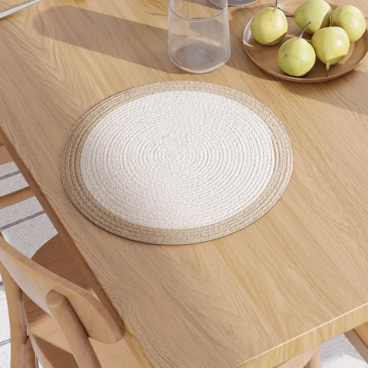 Encasa XO Placemats, Round Cotton Dining Table Mats 13" | Off White & Beige, Handcrafted Ribbed Texture | Heat