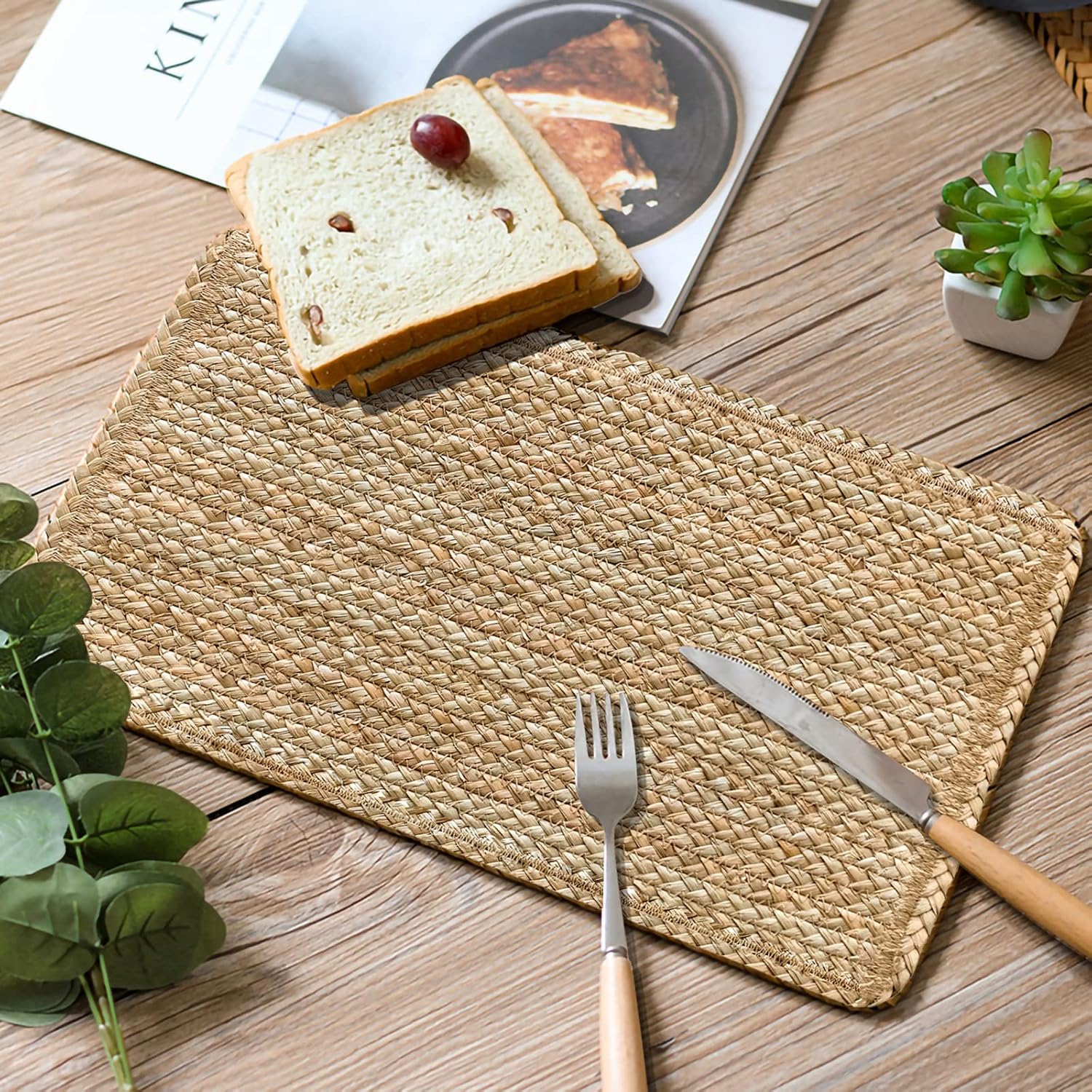 Woven Placemats Set of 6 Rattan Placemats Rectangle Natural Placemats Wicker Heavy Braided Straw Placemat Farmhouse