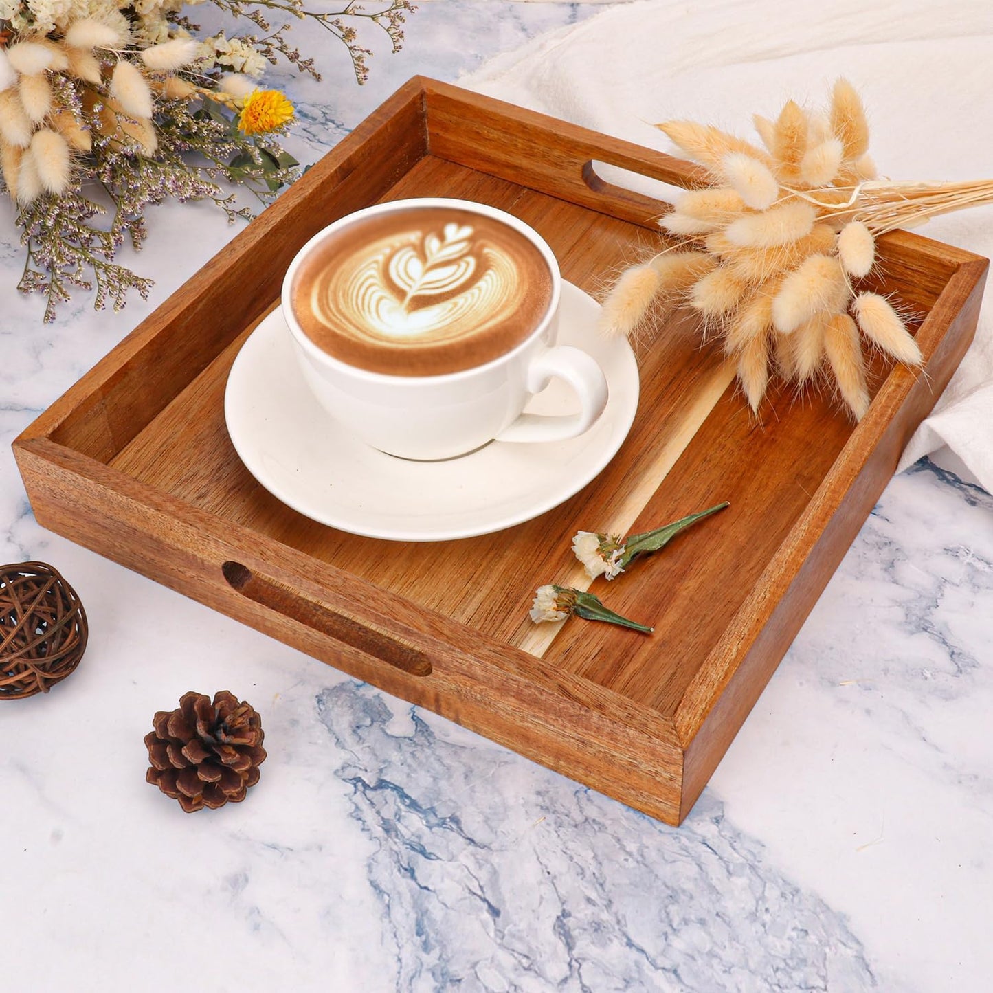 Wooden Tray / Acacia Wood Serving Tray / 10 Inch Square / 10 Inch / Set of 4