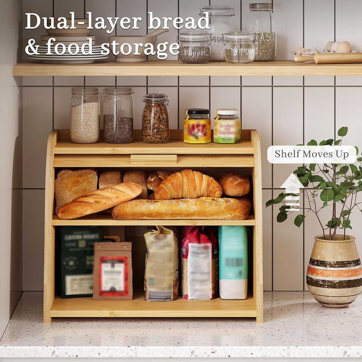 Kitsanery Bread Box for Kitchen Countertop, Bamboo Bread Storage, Double-Layer Roll-Top Bread Container, Farmhouse