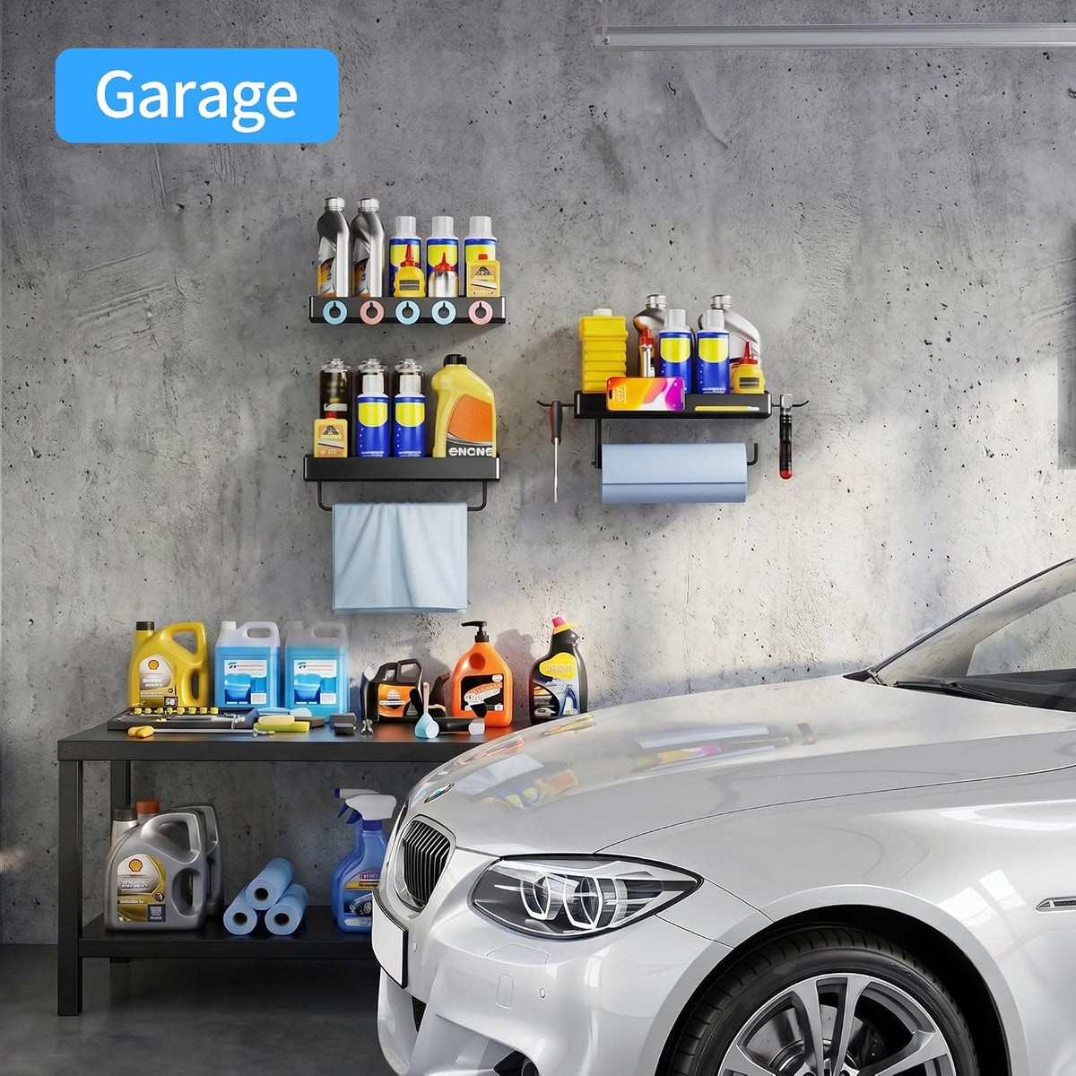 SUNTECH Garage Paper Towel Holder with Shelf, Wall-Mount, 3 Pack (Black) | Heavy Duty, Screw mounting, Built-in hooks