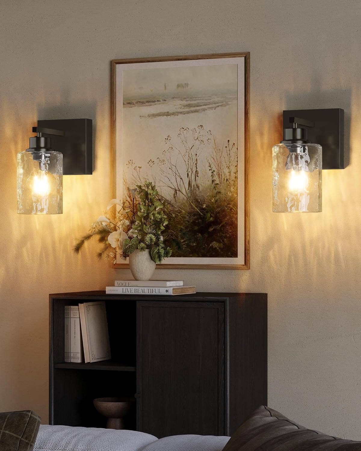 Hammered Glass Wireless Battery Operated Wall Sconces Set of Two Black | Dimmable Rechargeable Wall Lights with Remote