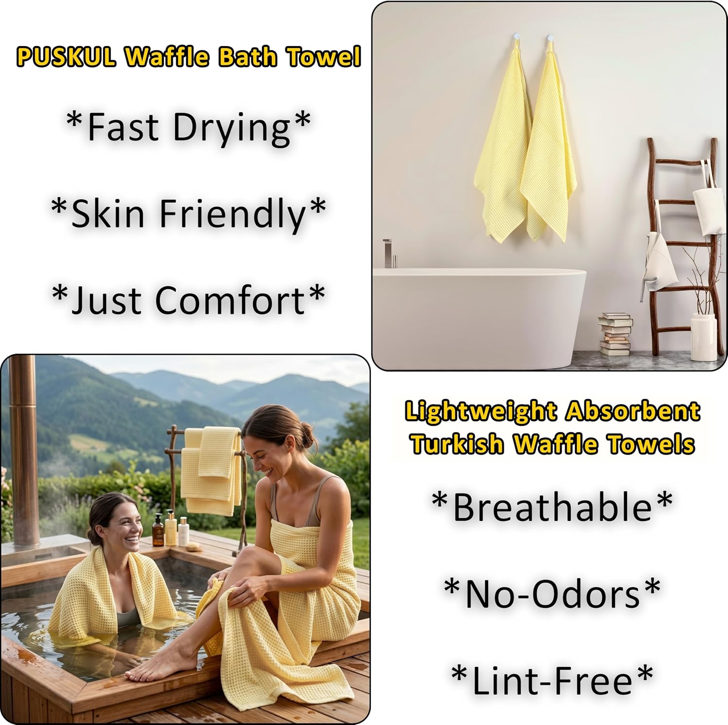 PÜSKÜL Natural 100% Turkish Cotton Waffle Bath Towels Set of 2, Extra-Large | Light Yellow, Oversize 32x63" Bath sheet
