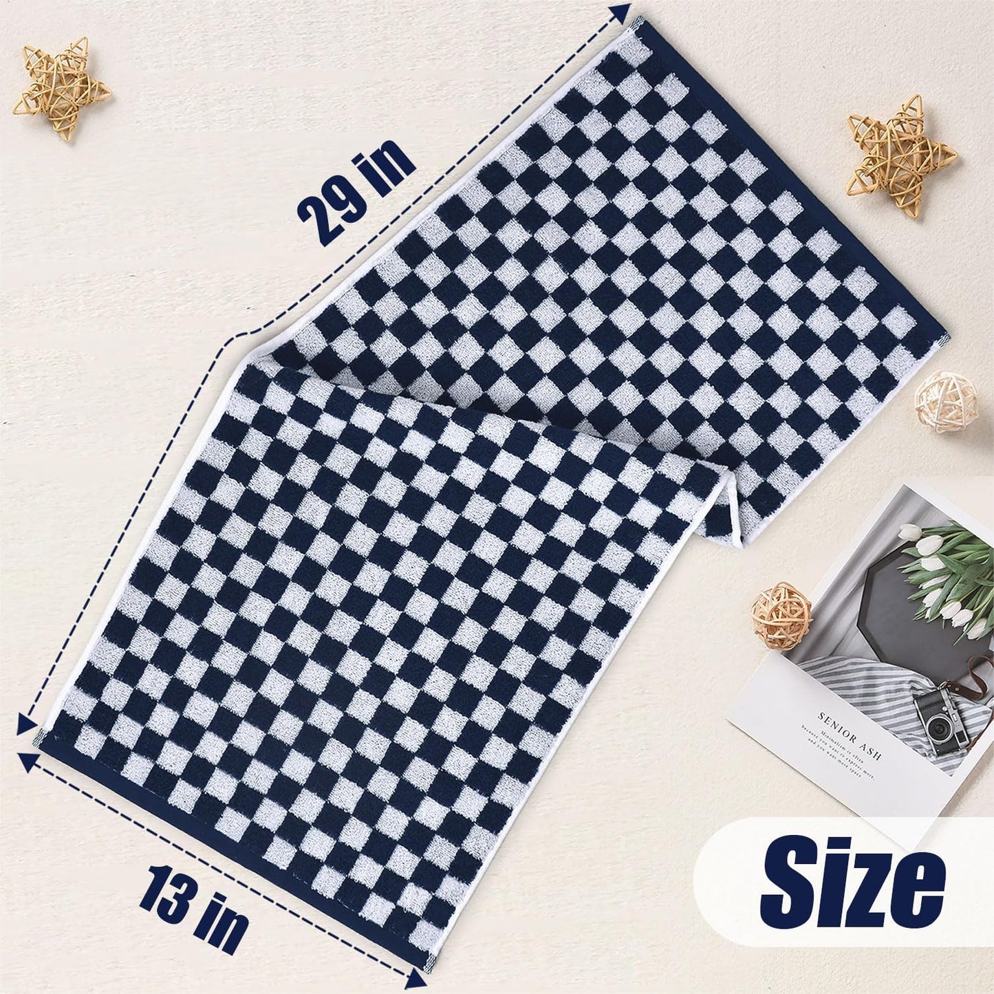 Navy Blue Hand Towels 4 Pack, Cotton Decorative Bathroom Hand Towel | Checkered Kitchen Decor, 13" x 29"