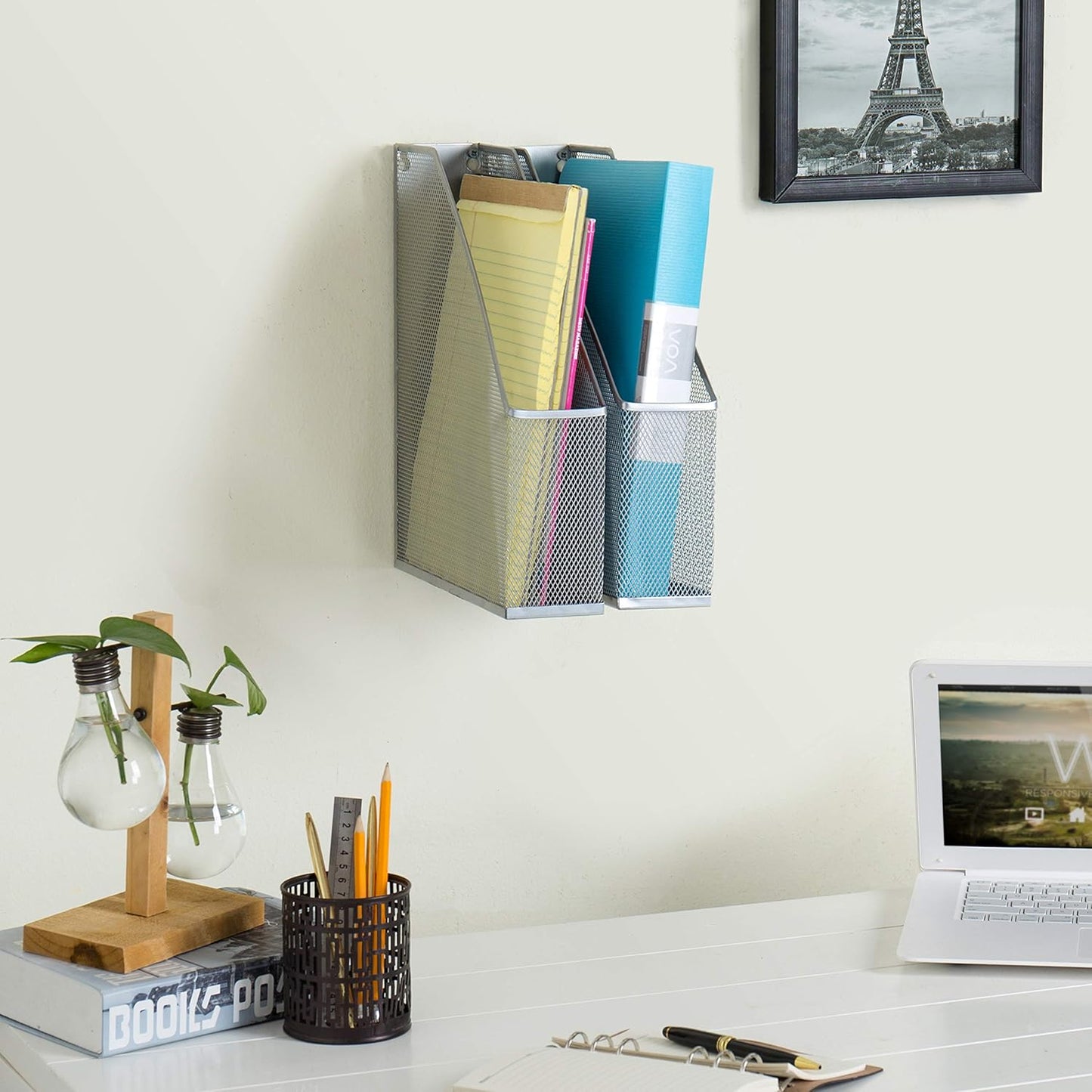 MyGift Silver Wire Mesh Document Holder, Wall Mounted or Desktop Magazine and File Rack, Set of 2