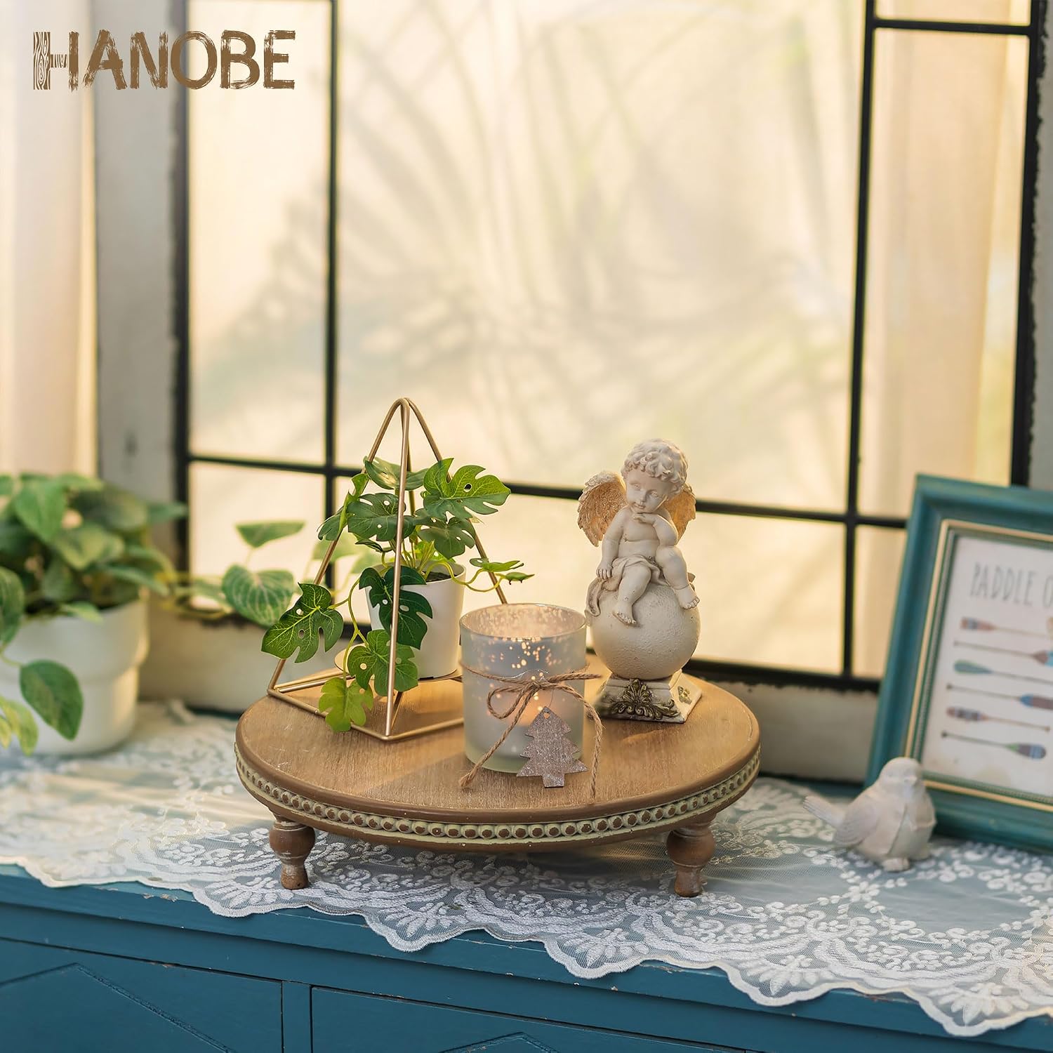 Beaded Vintage Wood Pedestal Risers Farmhouse Circle Display Holder for Coffee / Brown