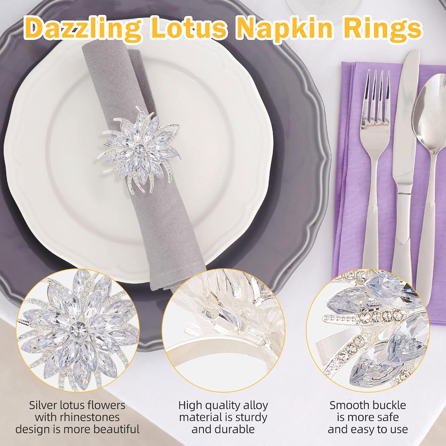 Christmas Flower Napkin Rings Set of 12, Silver Lotus Elegant Rhinestone Napkin Ring Serviette Buckles Holder for