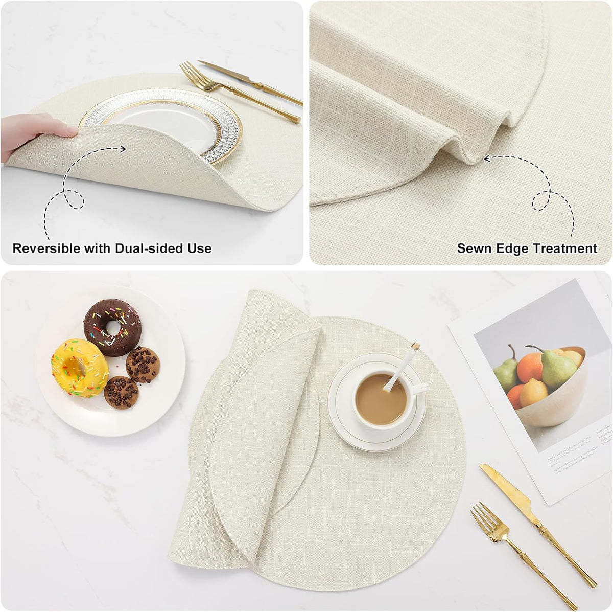 Cotton Linen 15 Inch Round Cloth Place mats, Set of 6, Cream | Washable Table Mats, Heat Resistant, Reversible